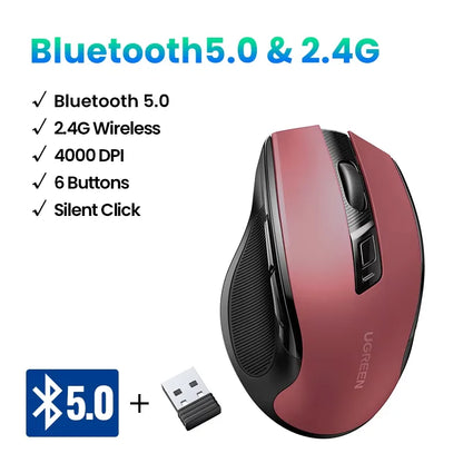 Mysz bezprzewodowa UGREEN Bluetooth 5.0, ergonomiczna, 4000DPI, 6 cichych przycisków, do MacBooka, tabletu, laptopów, komputera PC, 2.4G