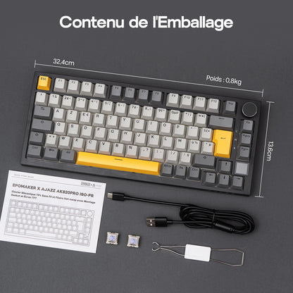 Layout ISO-FR EPOMAKER X AJAZZ AK820 PRO 75% AZERTY Francese Tastiera meccanica hot-swap cablata/BT/wireless 2.4GHz per Win/Mac/PC