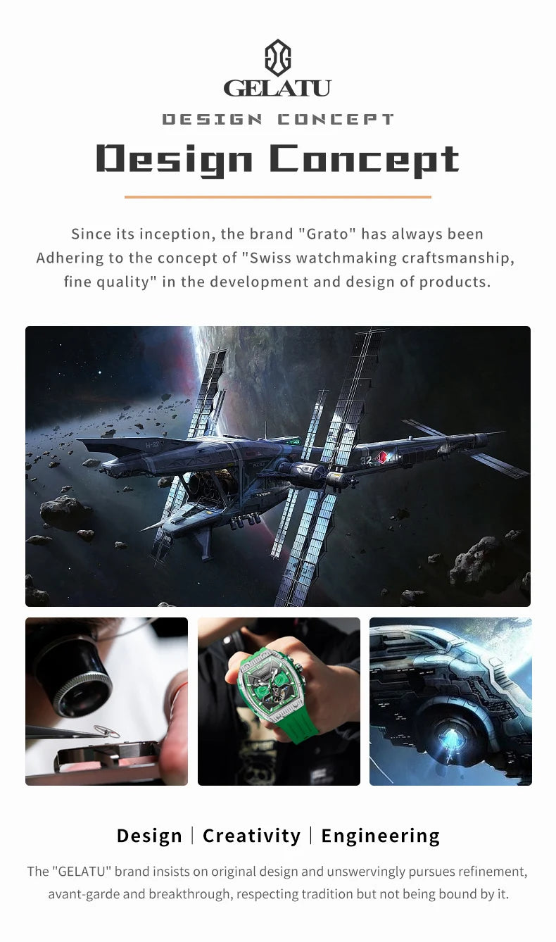 GELATU 6016 High-End Full Diamond Automatic Mechanical Watch for Men Multifunction Hollow Silicone Strap Men's Wristwatches