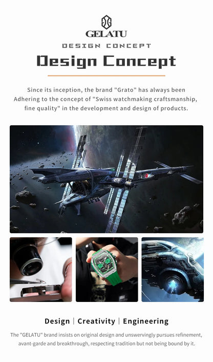 GELATU 6016 High-End Full Diamond Automatic Mechanical Watch for Men Multifunction Hollow Silicone Strap Men's Wristwatches