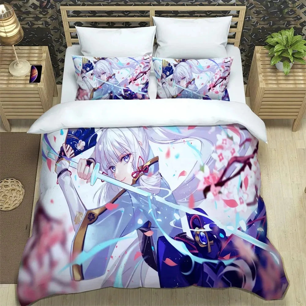 Ložní souprava Anime Genshin Impact pro chlapce a dívky, velikost Twin/Queen, povlak na přikrývku a povlak na polštář, pro děti i dospělé, módní bytový textil