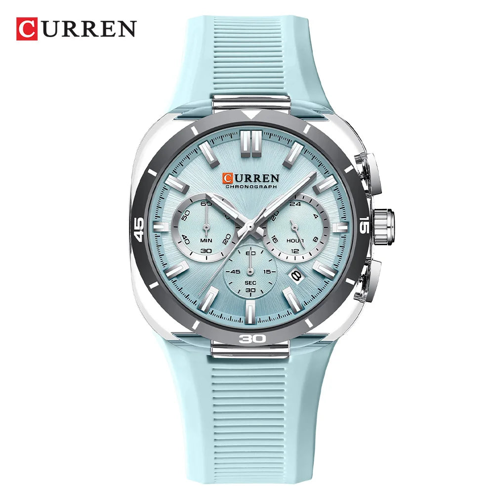 Reloj para hombre CURREN: nuevo modelo de lujo con mecanismo de cuarzo, correa de silicona, estilo deportivo, multifunción, resistente al agua, luminiscente, con indicador de fecha y cronómetro.