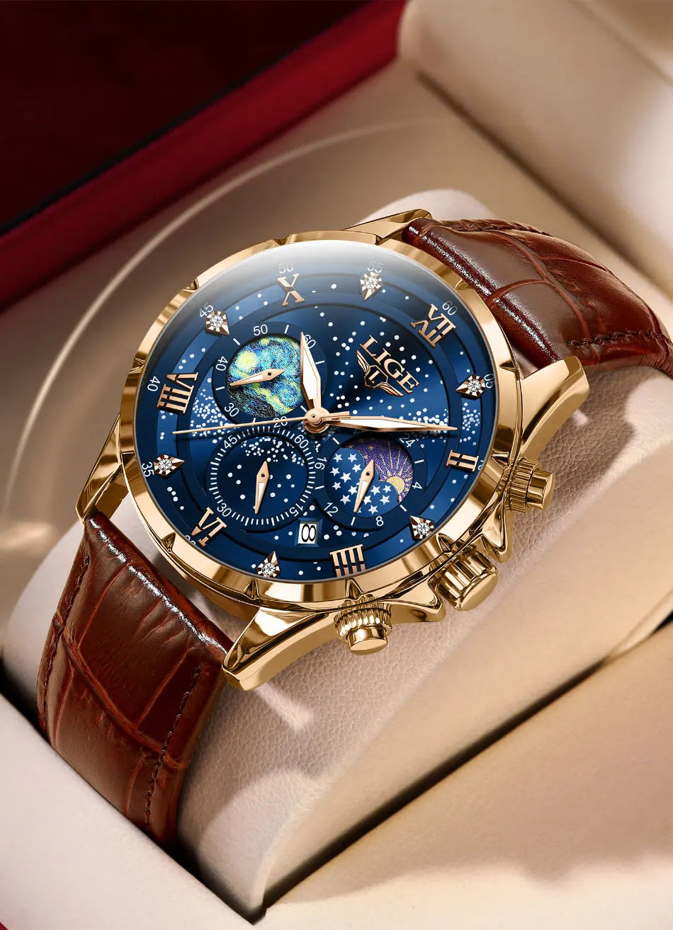 Montre pour homme LIGE – Montre à quartz de luxe, style décontracté, bracelet en cuir, idéale pour le travail ou le sport, étanche, avec date et chronographe.