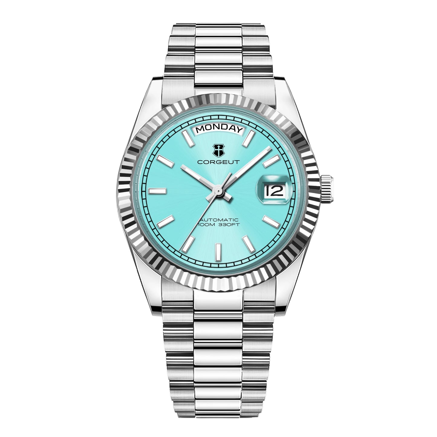 Reloj mecánico CORGEUT NH36 para hombre con indicador de día y fecha, brazalete President, caja de acero, bisel arqueado roscado, waterp
