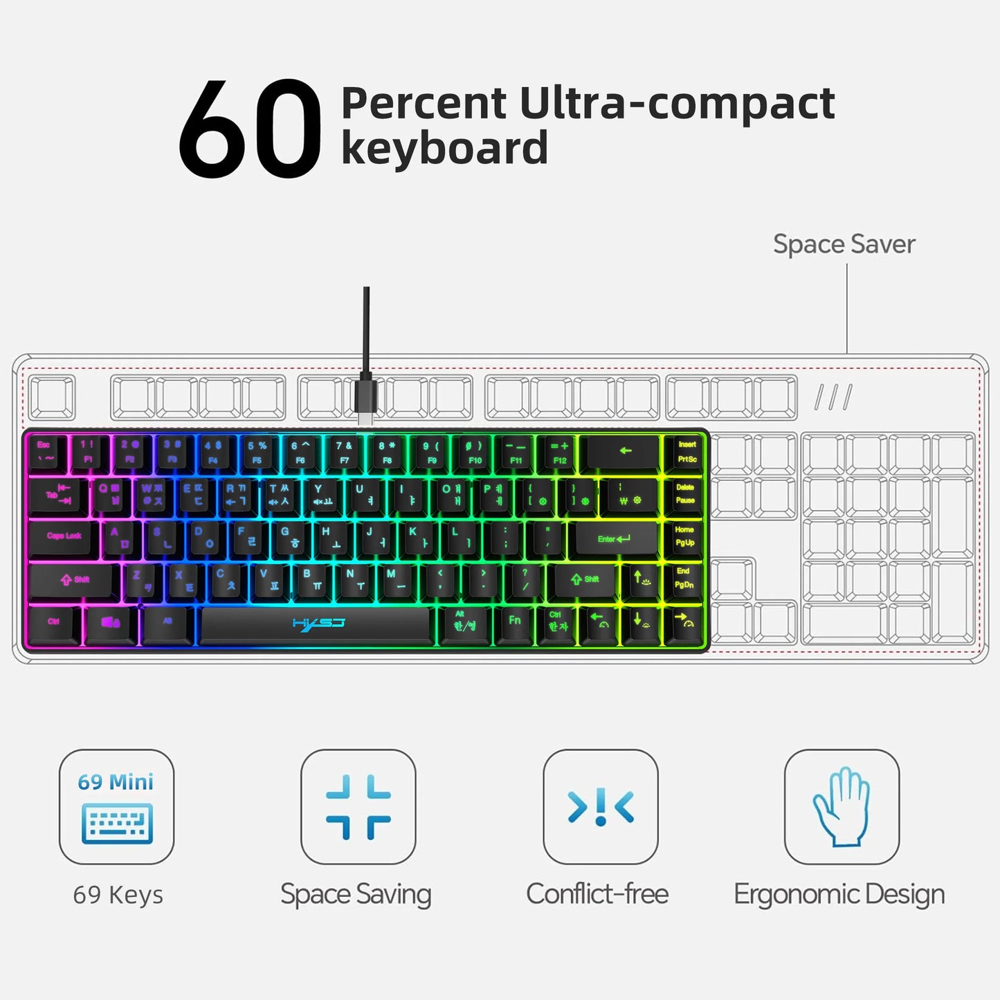 Teclado gaming de 68 teclas USB com fios portátil, retroiluminação RGB 20, teclado coreano para portáteis e computadores Windows