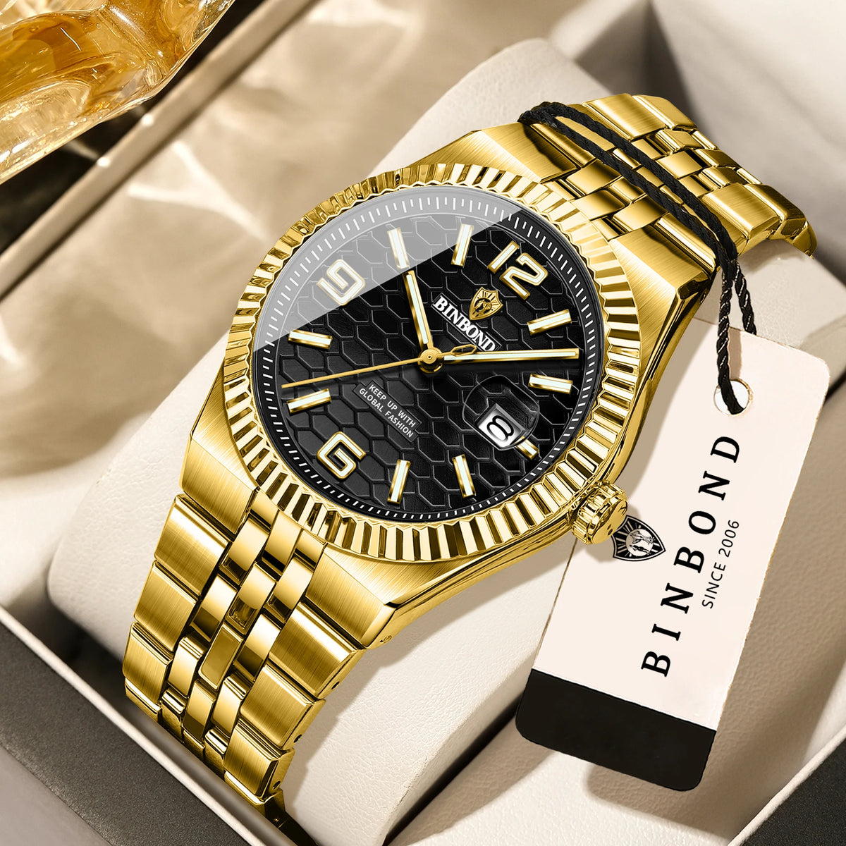 Reloj de pulsera de cuarzo de lujo BINBOND, luminiscente, resistente al agua, con fecha automática, para hombre, de acero, estilo ejecutivo, deportivo, moderno y desenfadado.