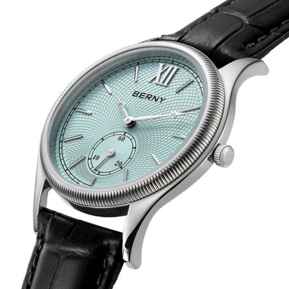 BERNY Watches for Men Luxury Slim Classic Stylish Dress Quartz Watch Stainless Steel Case Elegance Leather Band Wristwatch