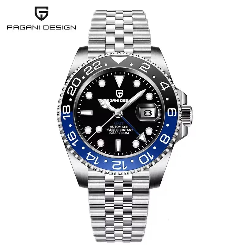 Montre mécanique pour homme PAGANI DESIGN (40 mm) – Cadran violet, fonction GMT, bracelet type Jubilee, verre saphir, étanche, mouvement automatique