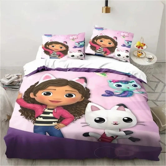 Gabbys Dollhouse 3D-gedrucktes Bettwäsche-Set mit Bettbezug und Kissenbezug, Twin Full King, für Kinder und Erwachsene, Schlafzimmer