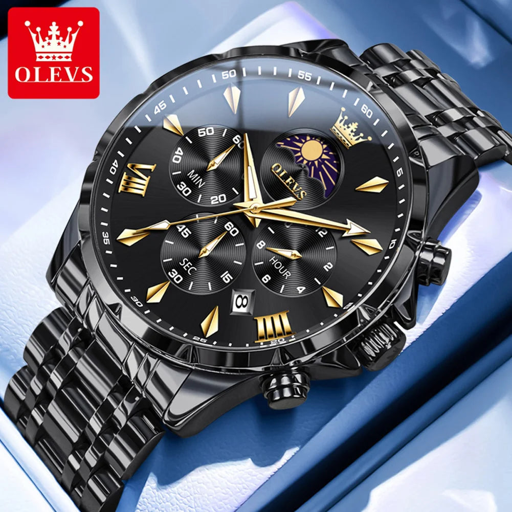 OLEVS 3653 Men’s Quartz Chronograph Watch  Moon Phase, Luminous, Date Display, Stainless Steel & 30M Waterproof