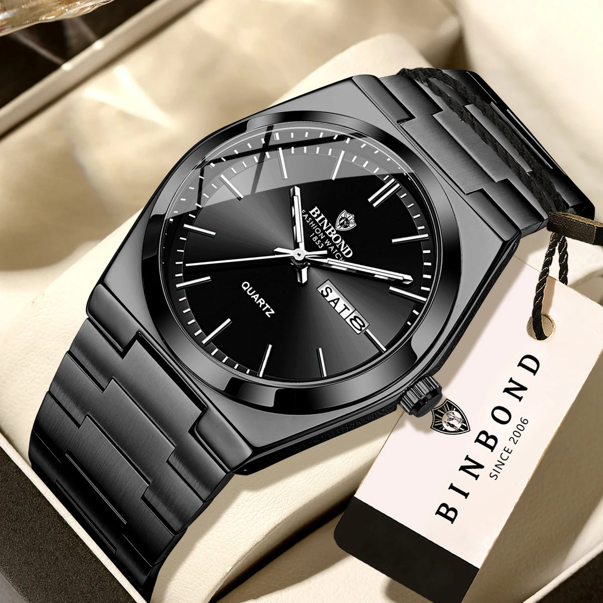 BINBOND luxury quartz wristwatch, luminous, water-resistant, day of the week, automatic date, steel bracelet, business, sport, fashion and casual styles.