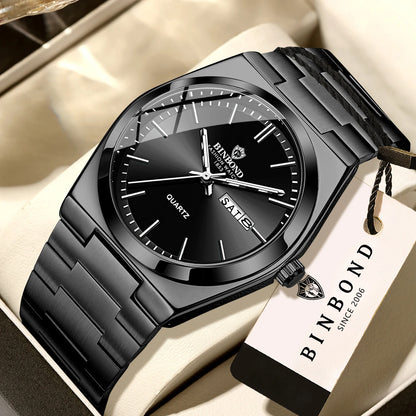 BINBOND luxury quartz wristwatch, luminous, water-resistant, day of the week, automatic date, steel bracelet, business, sport, fashion and casual styles.