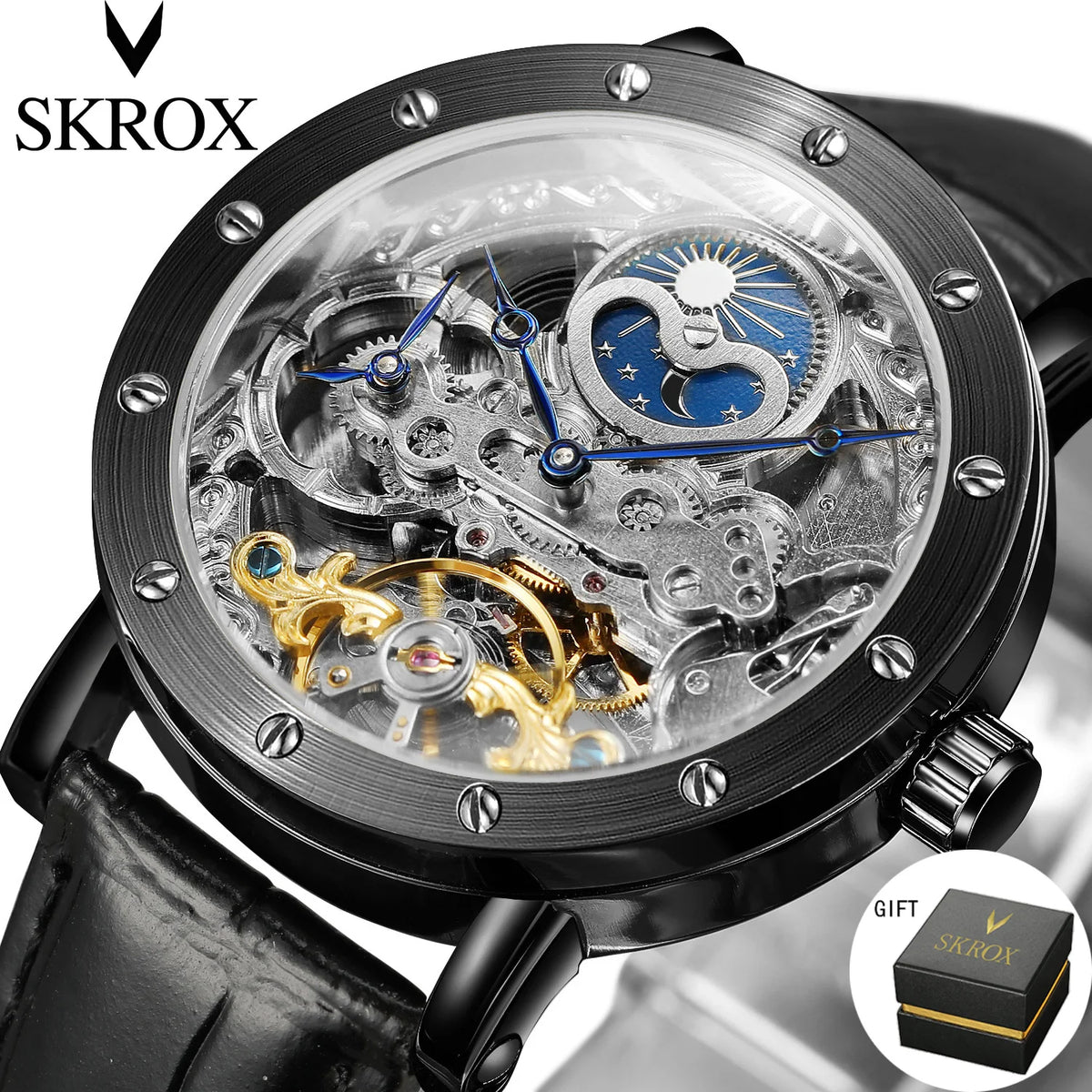 SKROX automatic mechanical wristwatch for men, skeletonised model with GMT function, moon phase and tourbillon – A high-end, elegant and original luxury watch.