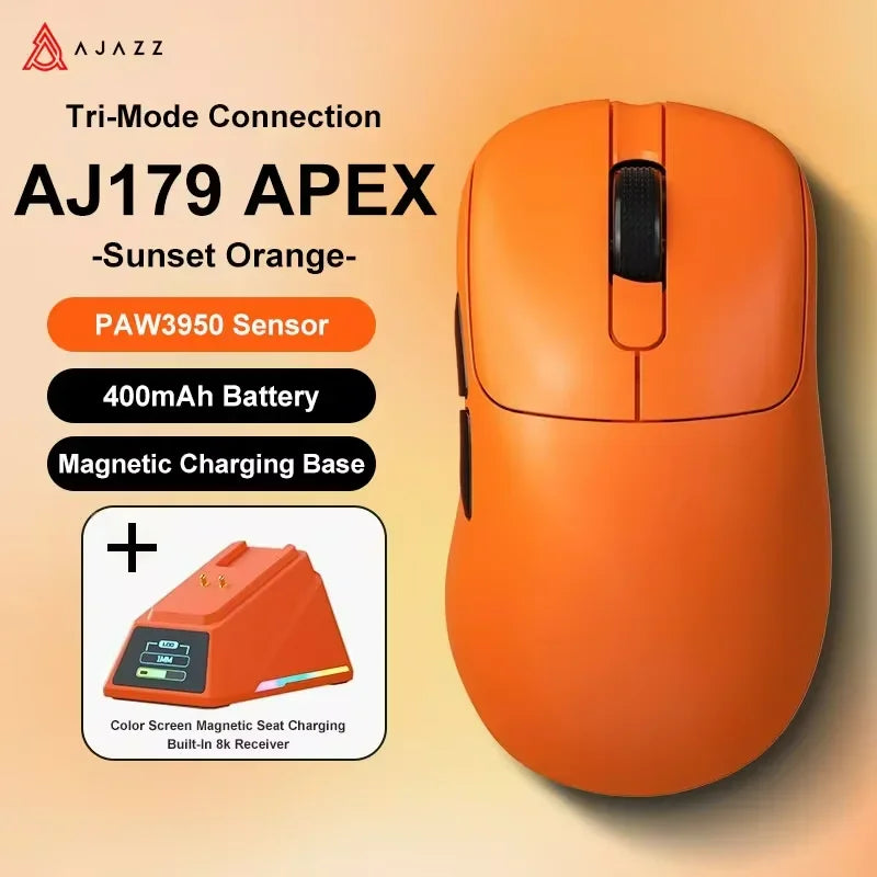 Ajazz AJ179 APEX Wireless Gaming Mouse with Color Screen Base, Bluetooth, PAW3395, 400mAh Battery, 8000Hz Refresh Rate