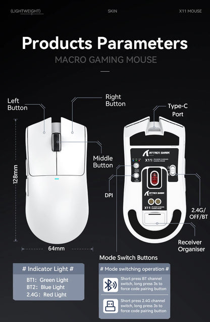 Attack Shark X11&R1 Tri-Mode Bluetooth trådløs mus med opladningsbase, RGB, ergonomisk letvægtsmus, PC-gamer-tilbehør