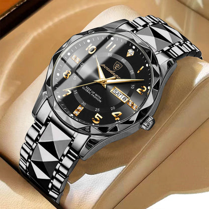 Męski zegarek POEDAGAR Fashion Luxury, wodoodporny, podświetlany, z mechanizmem kwarcowym, bransoletą ze stali nierdzewnej, datownikiem i wskaźnikiem dnia tygodnia, w stylu casualowym.