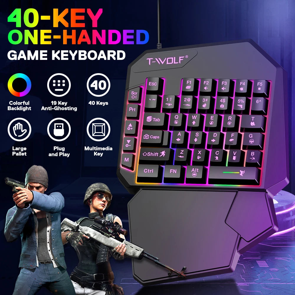 Wired One-Handed RGB Mechanical Gaming feel Keyboard,Mecha Membrane 40 Keys USB Professional Gaming Keypad Multimedia buttons