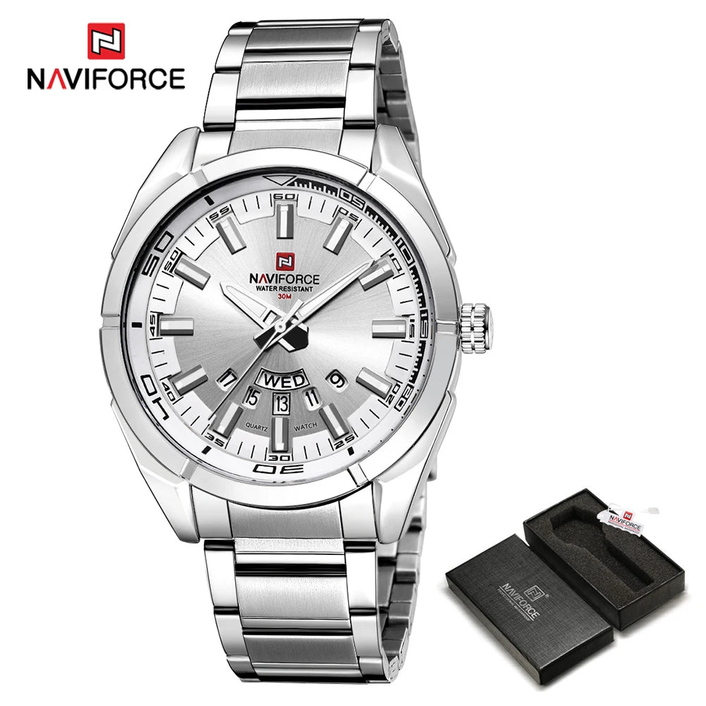 Montre pour homme NAVIFORCE, entièrement en acier, étanche, style décontracté, mouvement à quartz avec affichage de la date – Montre-bracelet de luxe pour homme, d'une marque de premier plan.