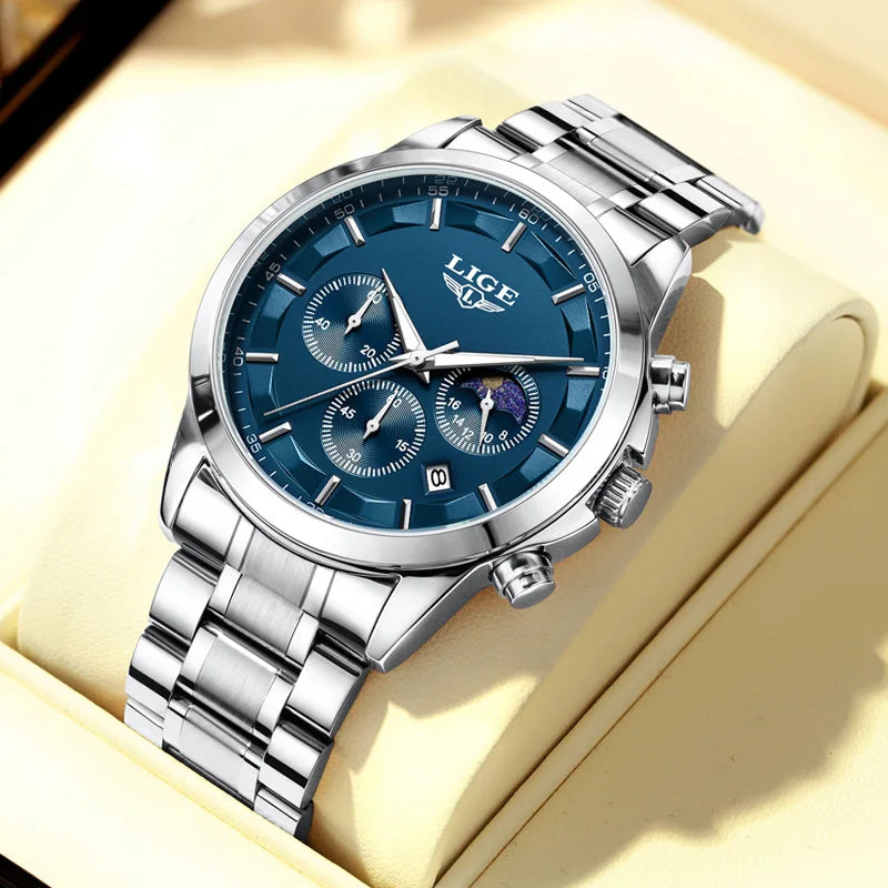 LIGE Men’s Watch – Luxury quartz chronograph, water-resistant (3 bar), with luminescent hands