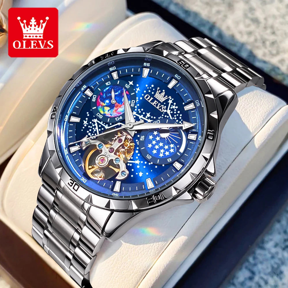 OLEVS Men’s Flywheel Skeleton Automatic Watch Starry Sky Dial, Luminous Mechanical Movement & Waterproof Business Wristwatch