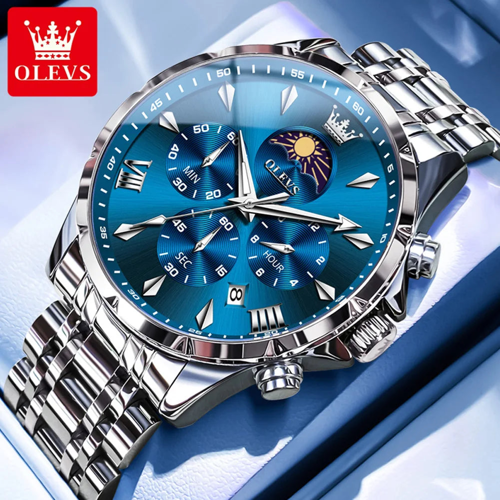 OLEVS 3653 Men’s Quartz Chronograph Watch  Moon Phase, Luminous, Date Display, Stainless Steel & 30M Waterproof