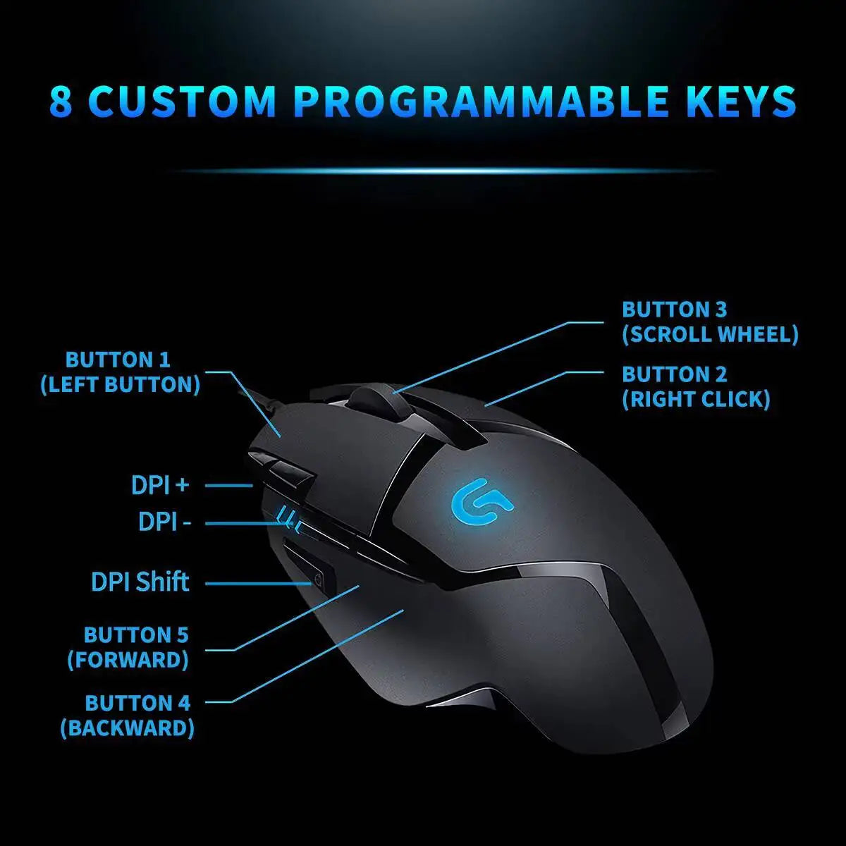 Ratón gaming con cable Logitech G402, procesador ARM de 32 bits, 8 botones, 500 IPS, antideslizante, para sesiones de juego y trabajo durante todo el día