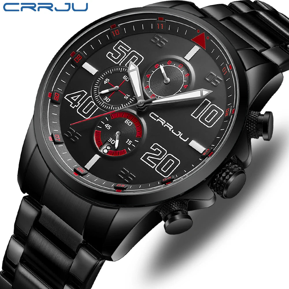 CRRJU men’s watch – Luxury chronograph, large dial, stainless steel, water-resistant, with date display