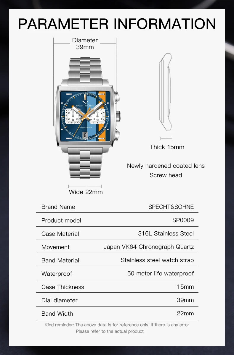 Specht&Sohne Men's Watch Luxury Brand Waterproof Stainless Steel Leather Japan VK Multifunctional Quartz Watch Religio Masculino