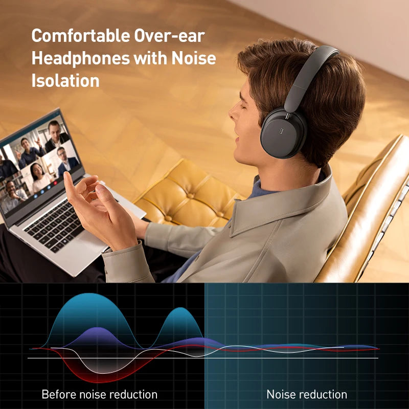 Baseus Bowie D05 Wireless Bluetooth 5.3 Headphones – HiFi Stereo Foldable 70H Battery Over-Ear Headset with Deep Bass & Dual Connection