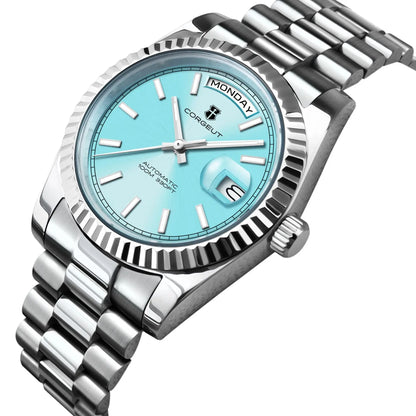 Reloj mecánico CORGEUT NH36 para hombre con indicador de día y fecha, brazalete President, caja de acero, bisel arqueado roscado, waterp