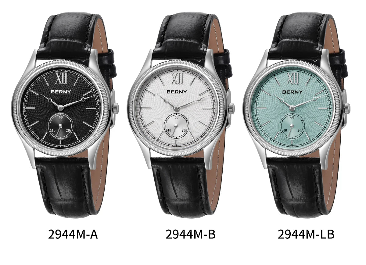 BERNY Watches for Men Luxury Slim Classic Stylish Dress Quartz Watch Stainless Steel Case Elegance Leather Band Wristwatch