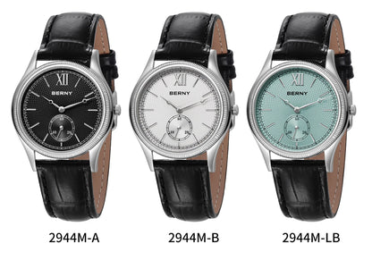 BERNY Watches for Men Luxury Slim Classic Stylish Dress Quartz Watch Stainless Steel Case Elegance Leather Band Wristwatch