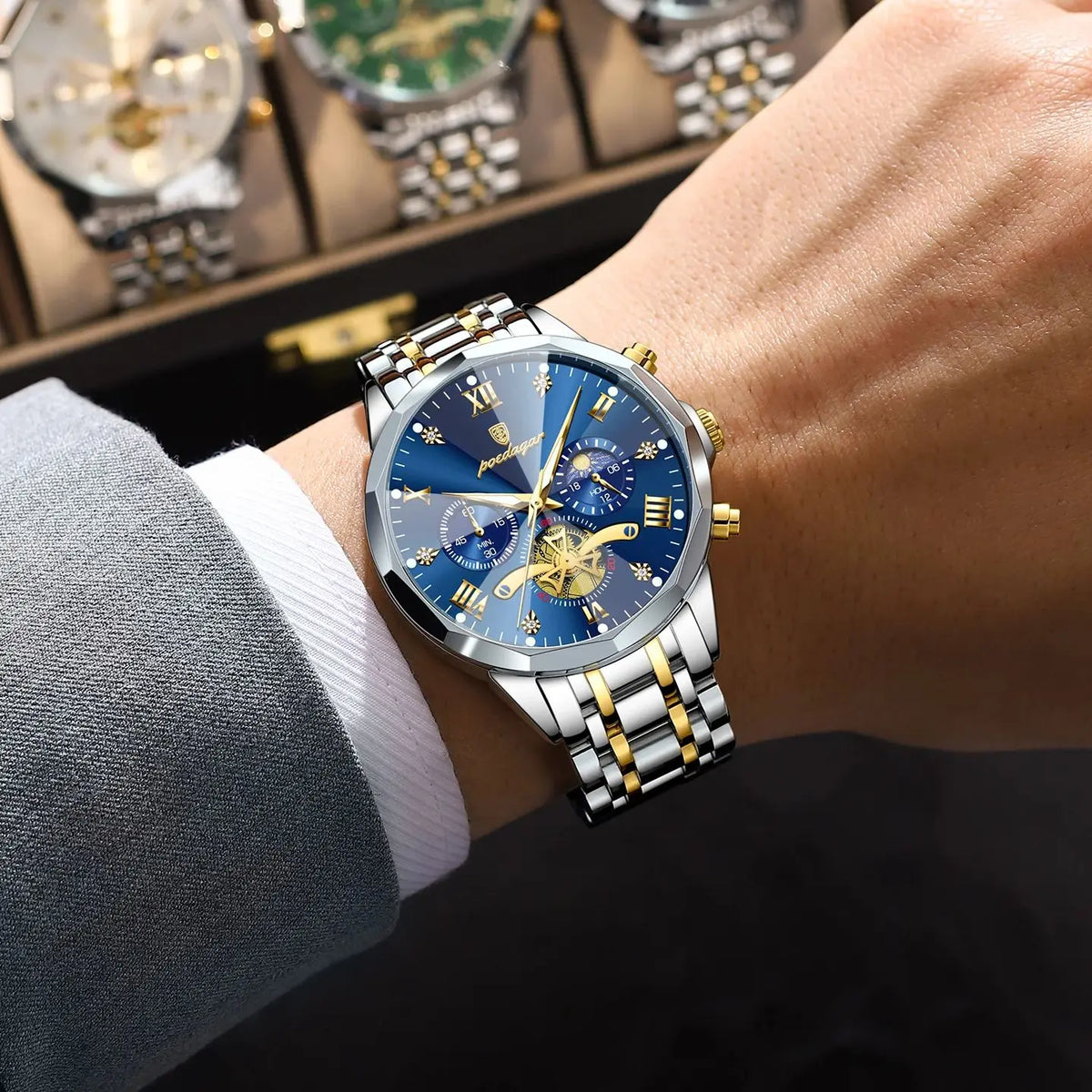 Montre homme de luxe POEDAGAR, chronographe lumineux étanche, en acier inoxydable, à quartz.