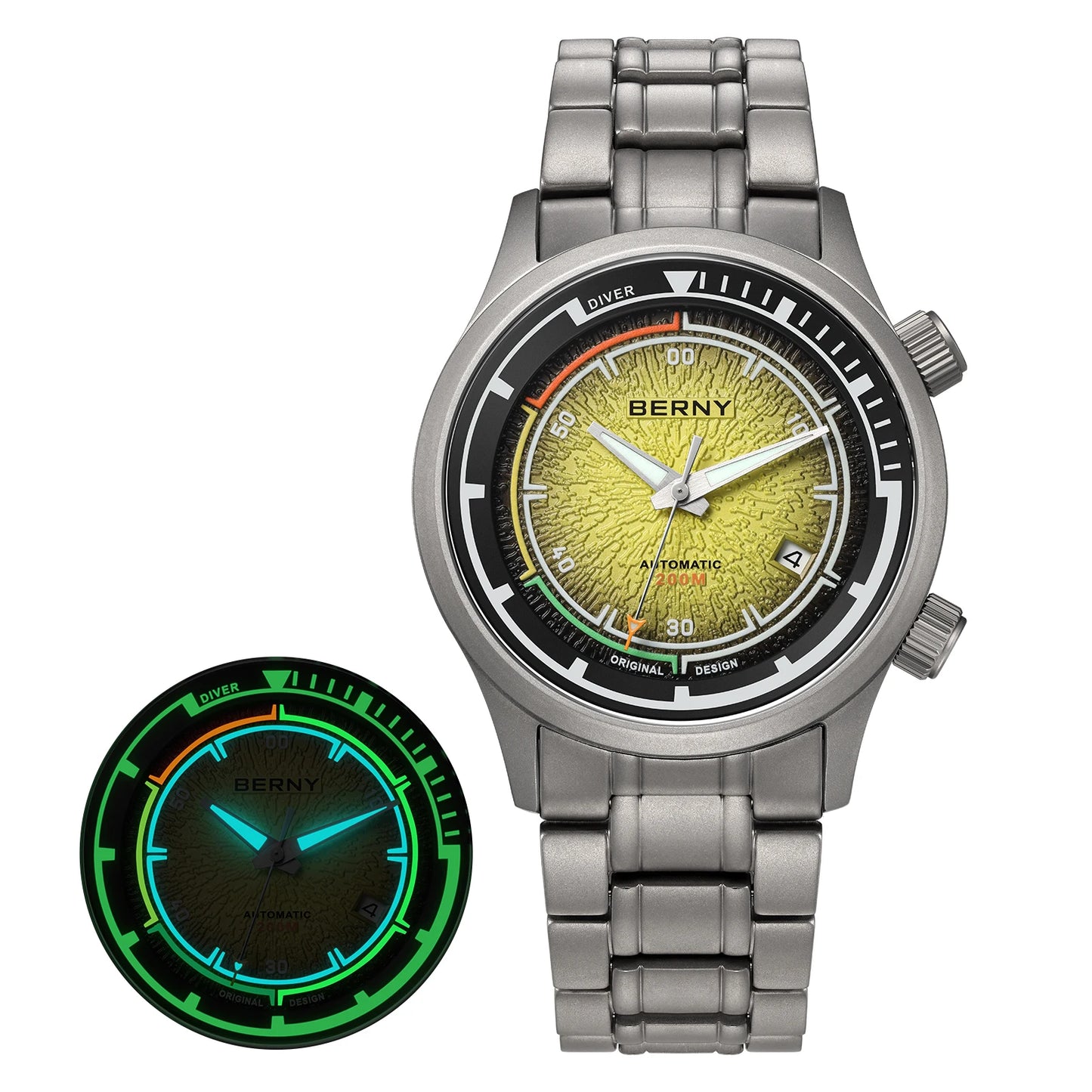 BERNY Titanium Diver Watches for Men 20ATM Super Luminous Automatic Mechanical Men's Dive Watch Sapphire Swim Diving Wristwatch