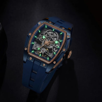 MEGIR mechanisch herenhorloge, tonvormig, opengewerkte skeletwijzerplaat, sportieve stijl, siliconen band, luxe automatisch horloge