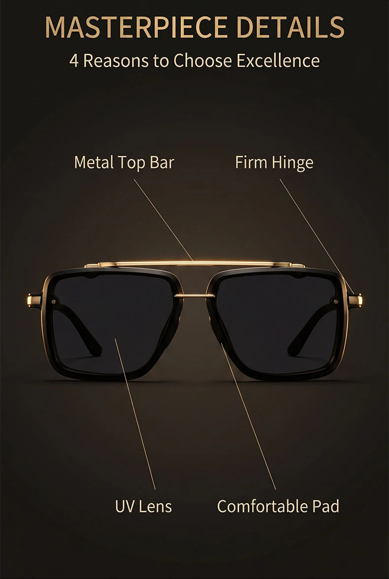 Steampunk négyzetes, dupla hídos napszemüveg férfiaknak, nagy luxusmárka, designer, retro punk, vezetéshez alkalmas napszemüveg, fémkeretes szemüveg