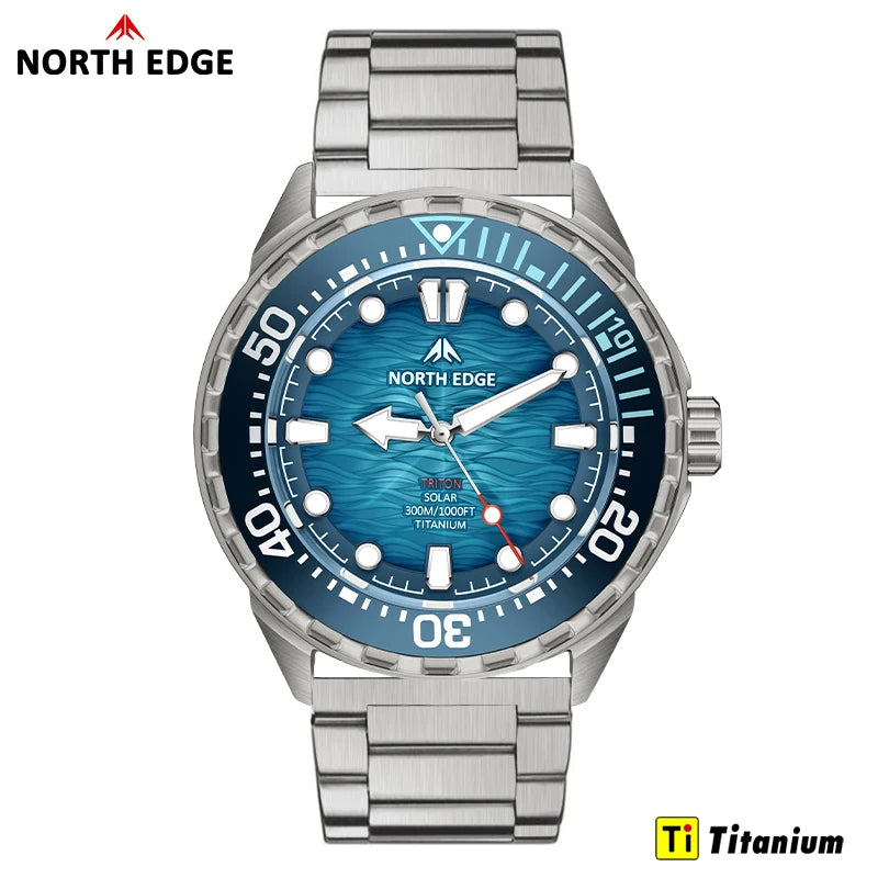 NORTH EDGE NEW+ TRITON-TI titán napelemes búváróra, luxus kvarc karóra férfiaknak, 300 m vízállóság, 180+ napos üzemidő