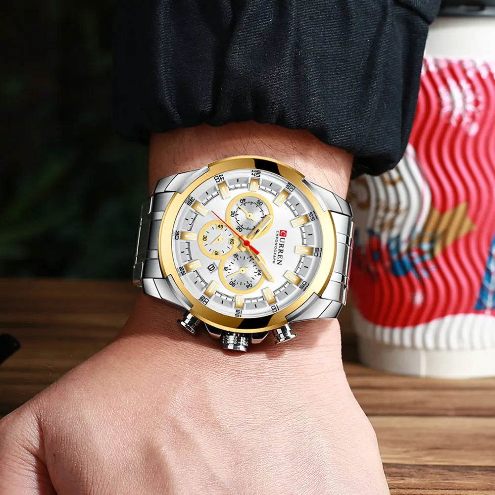 CURREN men’s chronograph watch, large 48 mm dial, stainless steel bracelet, three sub-dials, quartz sports wristwatch, luxurious style