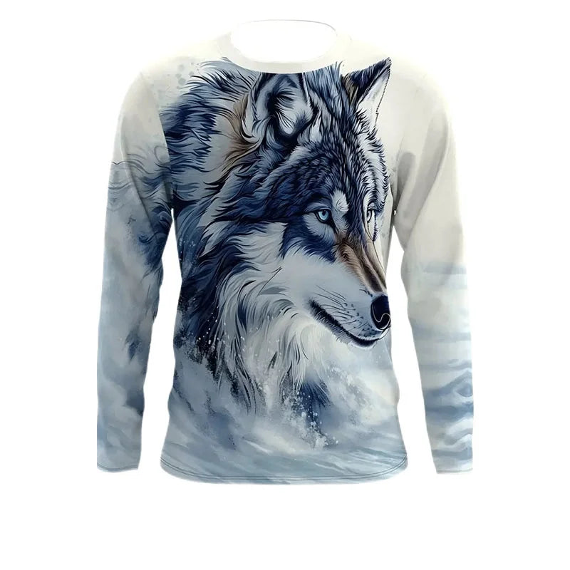 Wolf Moon Raccoon Pattern T-Shirt For Men Cool Animals 3D Printed T Shirts Autumn Casual Loose O-Neck Tops Tees Long Sleeves
