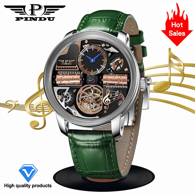 2025 NEW PINDU Design Music Series Machinery Watch Men Movement Stainless Steel Sapphire Glass Top Luxury Automatic Watch Hollow