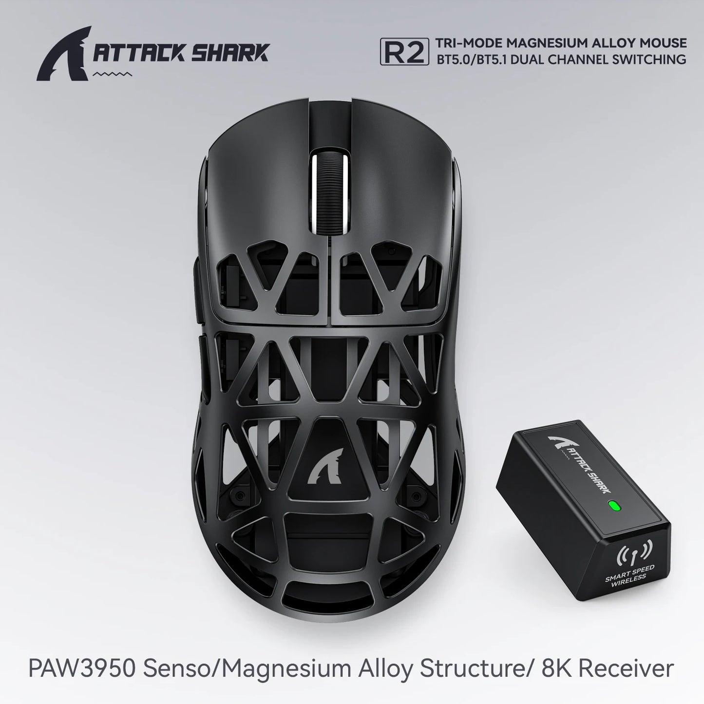 Attack Shark R2 Ασύρματο Gaming Mouse PAW3950 8K από ελαφρύ κράμα μαγνησίου, Bluetooth Tri-Mode για gaming/γραφείο