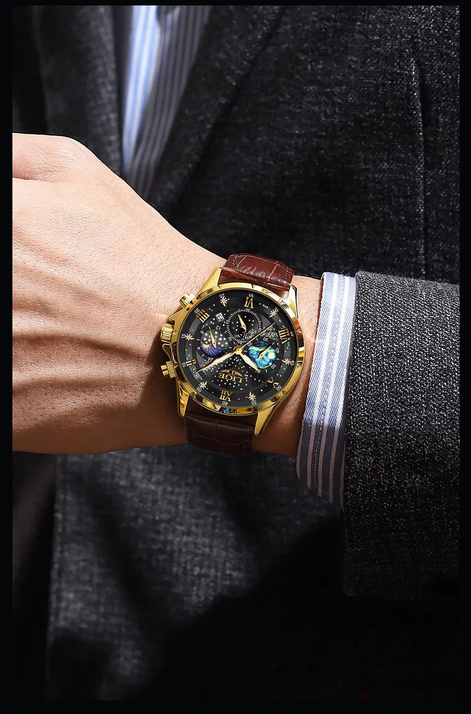 Montre pour homme LIGE – Montre à quartz de luxe, style décontracté, bracelet en cuir, idéale pour le travail ou le sport, étanche, avec date et chronographe.