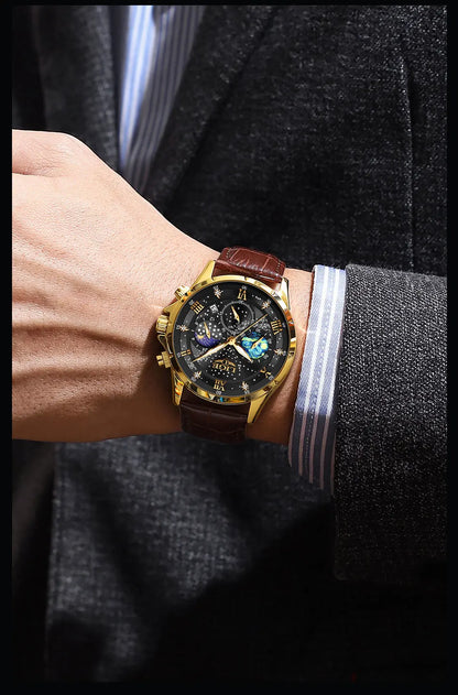 Montre pour homme LIGE – Montre à quartz de luxe, style décontracté, bracelet en cuir, idéale pour le travail ou le sport, étanche, avec date et chronographe.