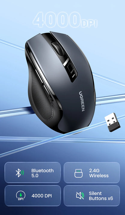 Mysz bezprzewodowa UGREEN Bluetooth 5.0, ergonomiczna, 4000DPI, 6 cichych przycisków, do MacBooka, tabletu, laptopów, komputera PC, 2.4G