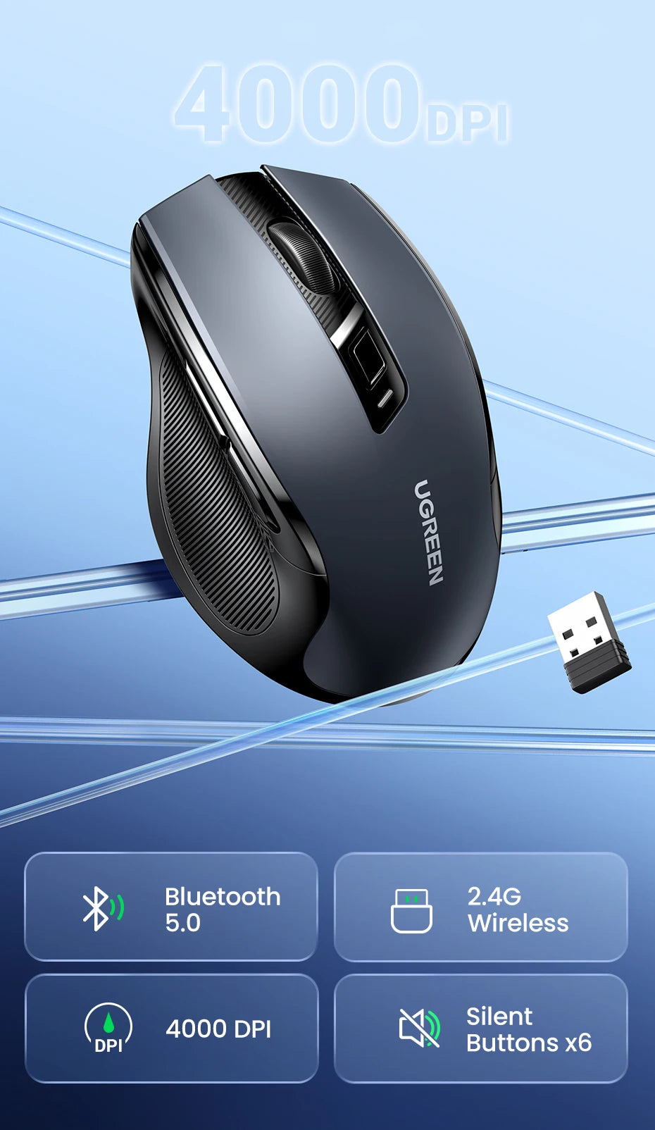 Mouse wireless UGREEN Bluetooth 5.0 ergonomico 4000DPI con 6 pulsanti silenziosi, per MacBook, tablet, laptop, computer e PC, mouse 2.4G