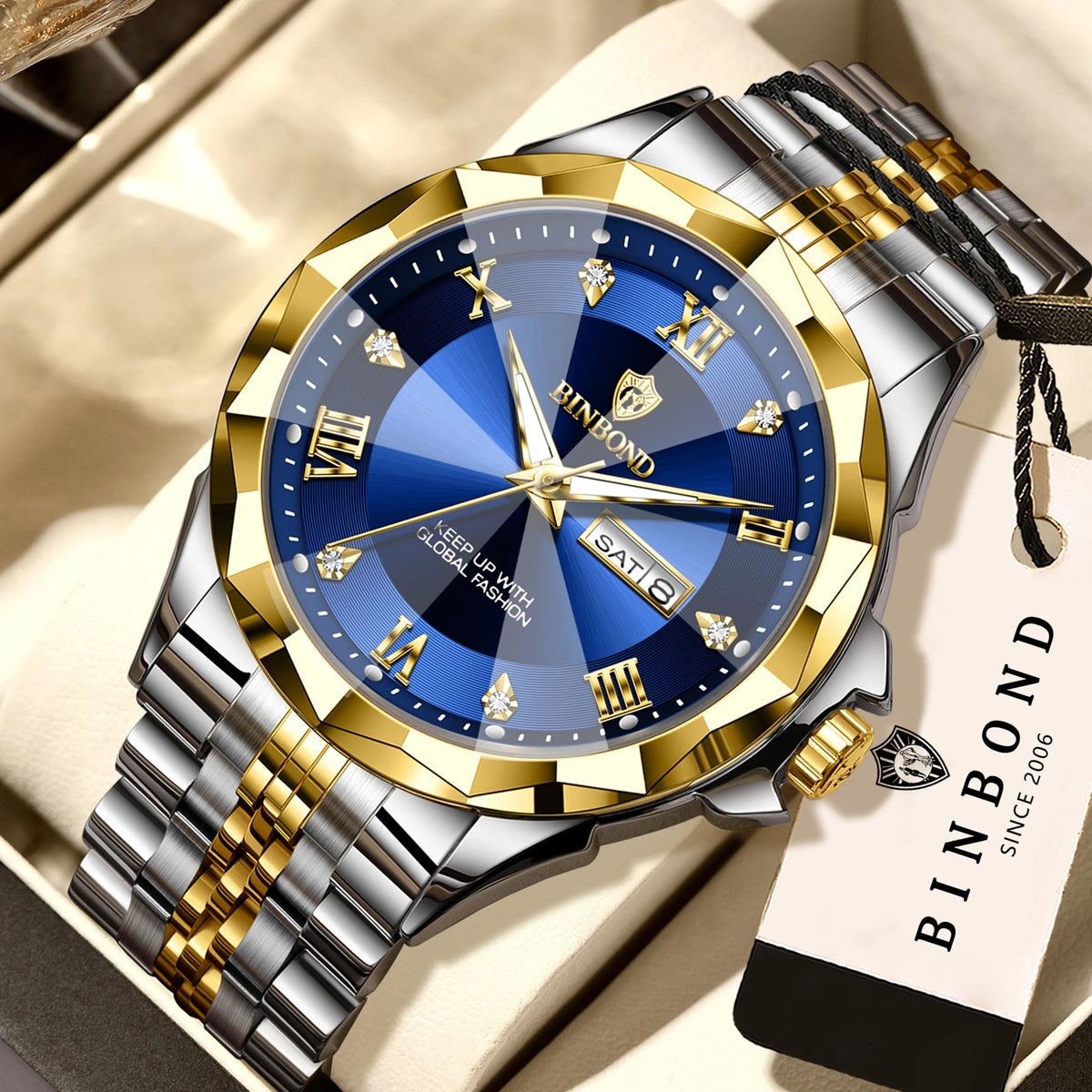 Montre à quartz pour homme BINBOND – Montre-bracelet de luxe, lumineuse et étanche, avec affichage du jour de la semaine et date automatique.