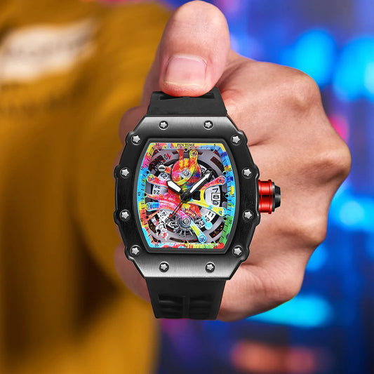 New Cool Men's Watches Luxury Fashion Silicone Tonneau Watch Skeleton Waterproof Quartz Wristwatches Clock Relogio Masculino