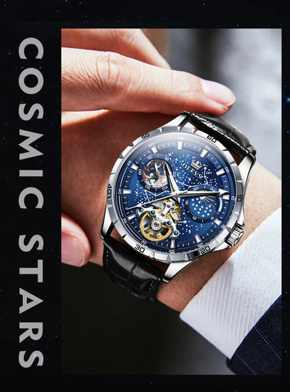 OLEVS Men’s Flywheel Skeleton Automatic Watch Starry Sky Dial, Luminous Mechanical Movement & Waterproof Business Wristwatch