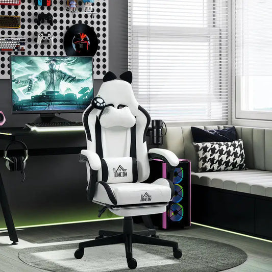 Cute Cat Shaped Gaming Chair with Removable Cat Ears and Paws,Retractable Footrest, Lumbar Head Support, 360° Swivel Gamer Chair