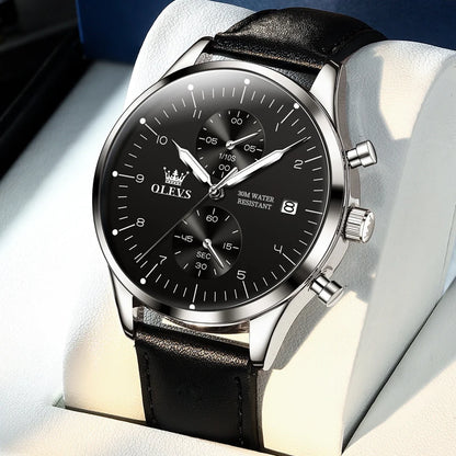OLEVS 2880 Men’s Watch – Elegant and sleek chronograph, leather strap, automatic date display, water-resistant, luminescent hands, quartz movement.